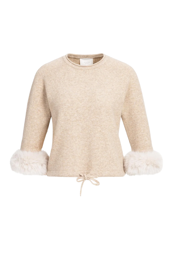 YAYA Detachable Fur Cuff Sweater — knit sweater with faux fur cuffs in beige, view 5