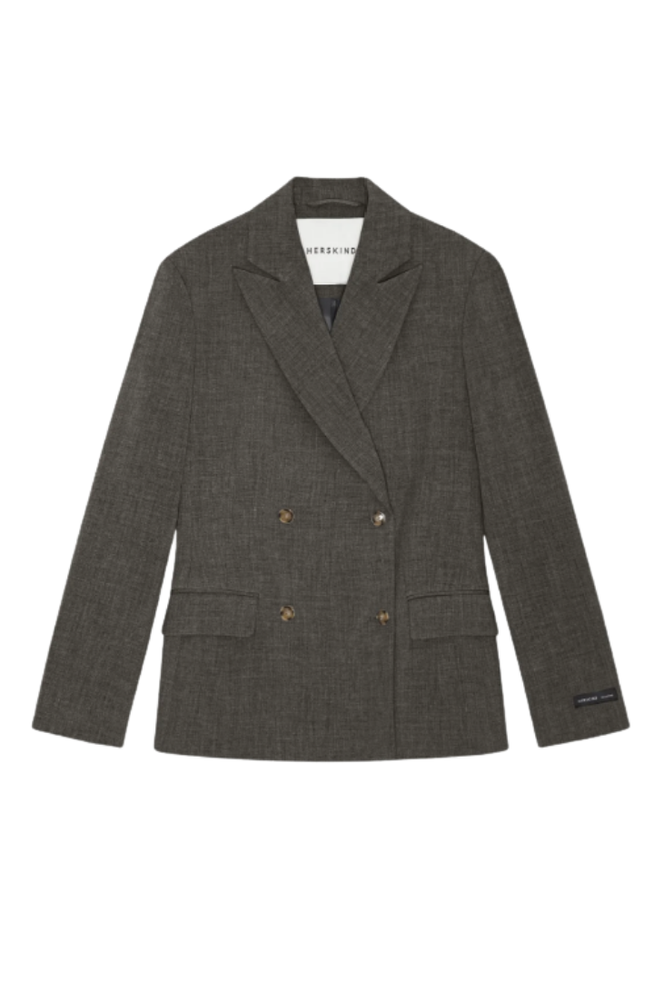 Birgitte Herskind Laila Blazer in Grey — double-breasted blazer with flap pockets and a notched lapel.