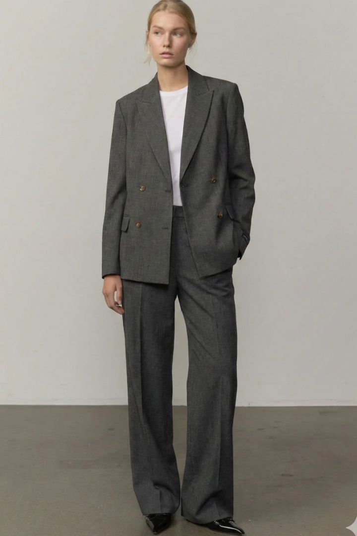 Birgitte Herskind Laila Blazer in Grey — textured polyester-viscose blend with structured shoulders.