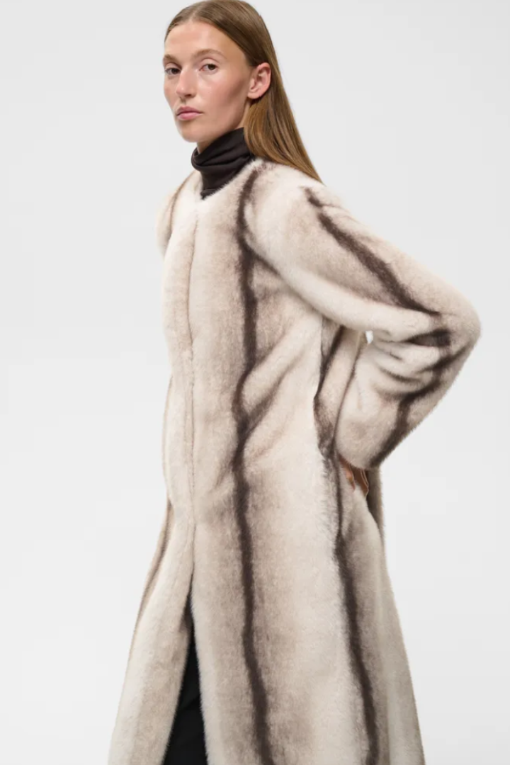 InWear Zabelle Faux Fur Coat — long collarless faux fur coat, view 3