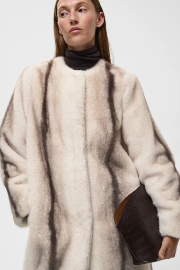 InWear Zabelle Faux Fur Coat — long collarless faux fur coat, view 2