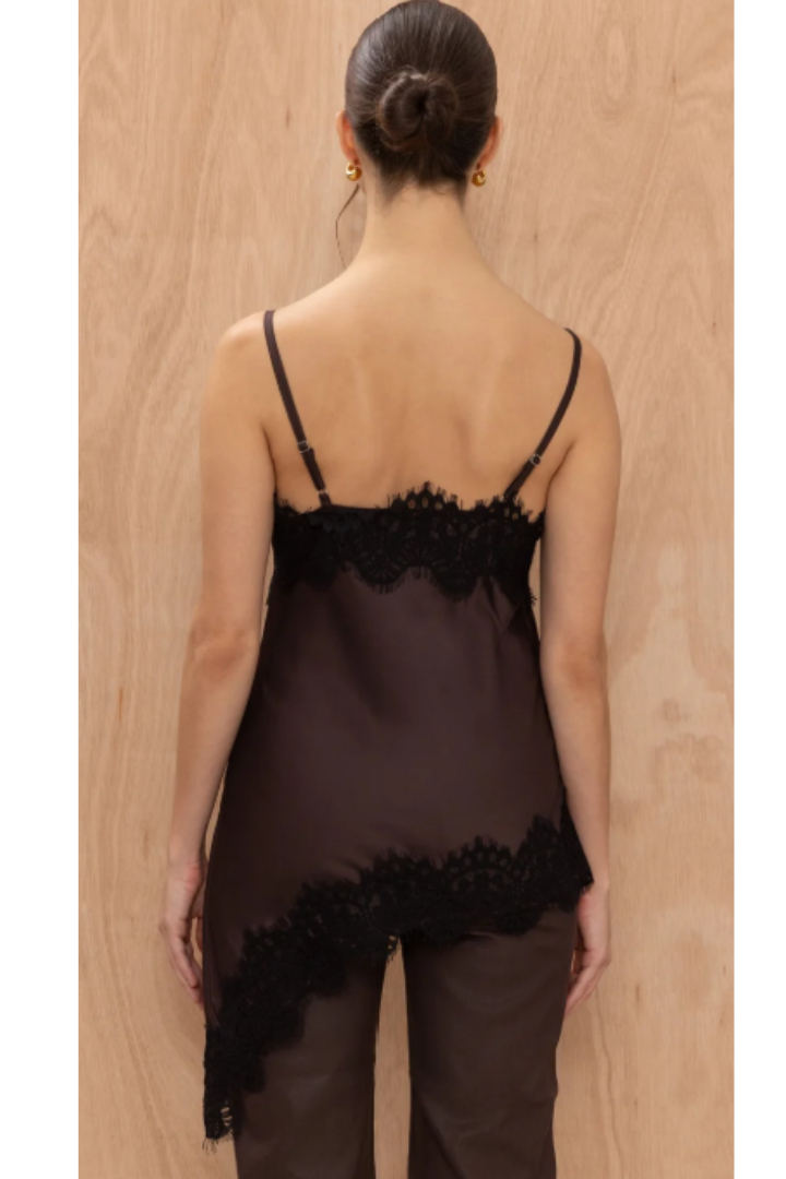 Charli London Blake Cami in Brown — contrast lace camisole with a smooth, lightweight feel.