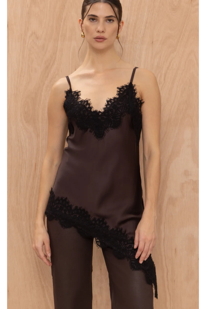 Charli London Blake Cami in Brown — delicate lace detailing on a smooth, lightweight fabric.