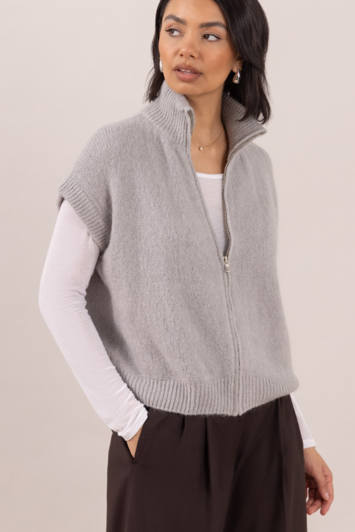 Leigh Vest by Charli London in Grey — sleeveless zip cardigan design.