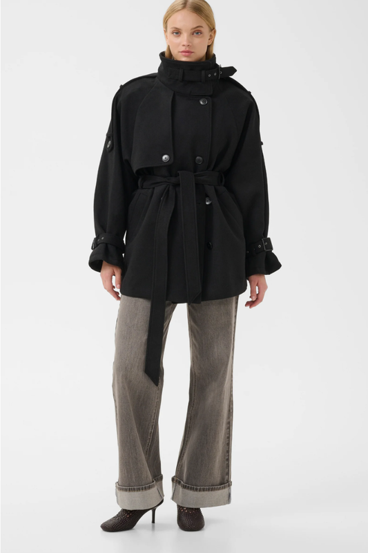 Gestuz Avic Midi Coat in Black — wool-blend trench with a high stand collar and double-breasted front.