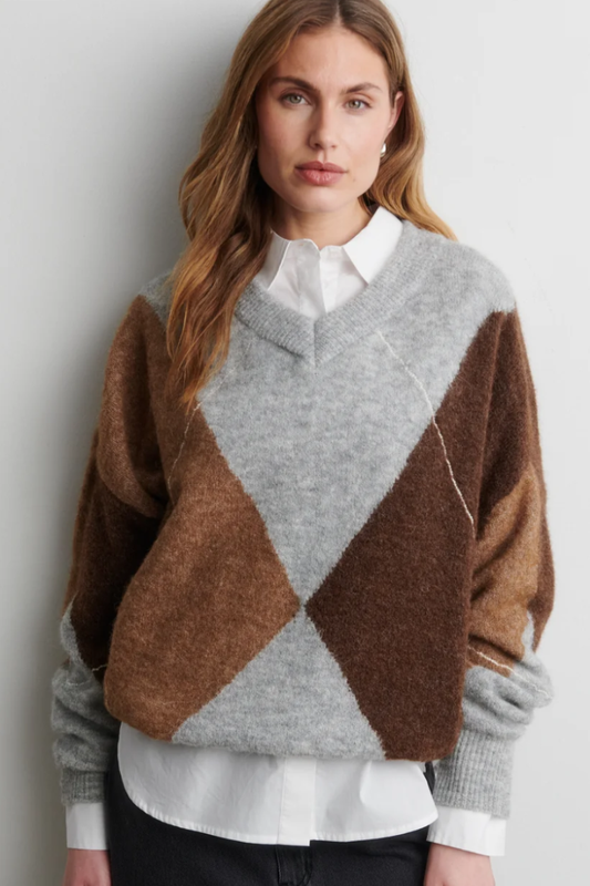 Second Female Forca Sweater — argyle V-neck sweater in grey