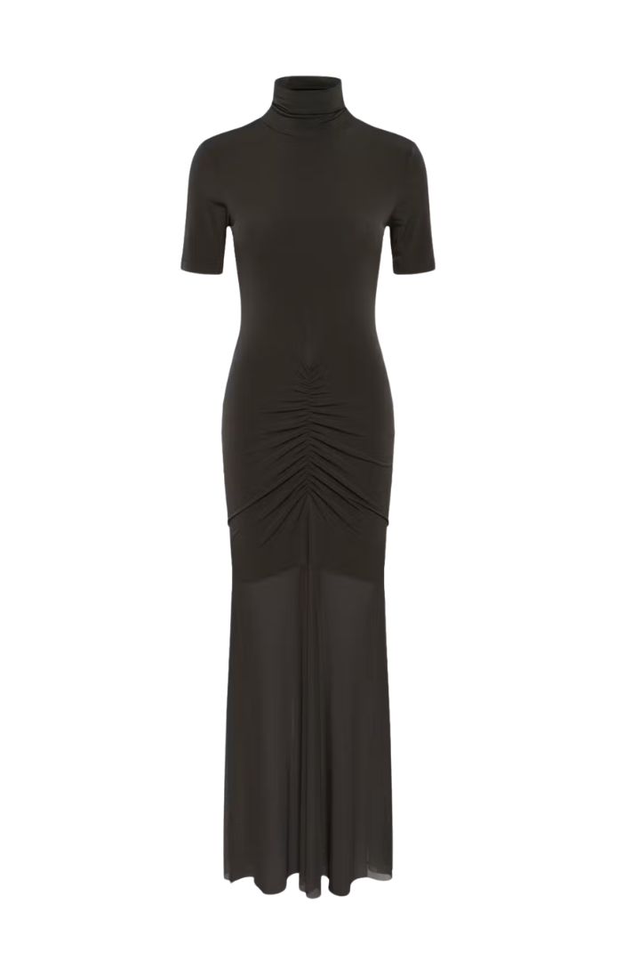 Gestuz Marti Dress — ruched turtleneck maxi dress in brown, view 5