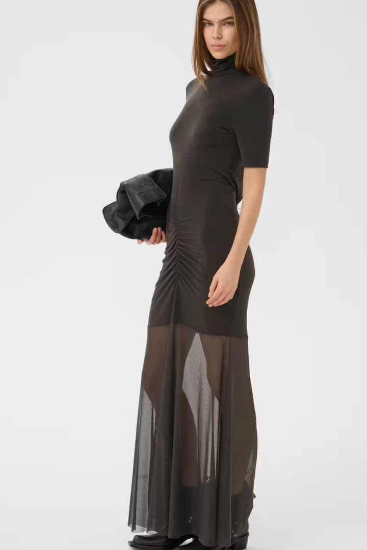 Gestuz Marti Dress — ruched turtleneck maxi dress in brown, view 2