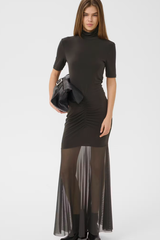 Gestuz Marti Dress — ruched turtleneck maxi dress in brown