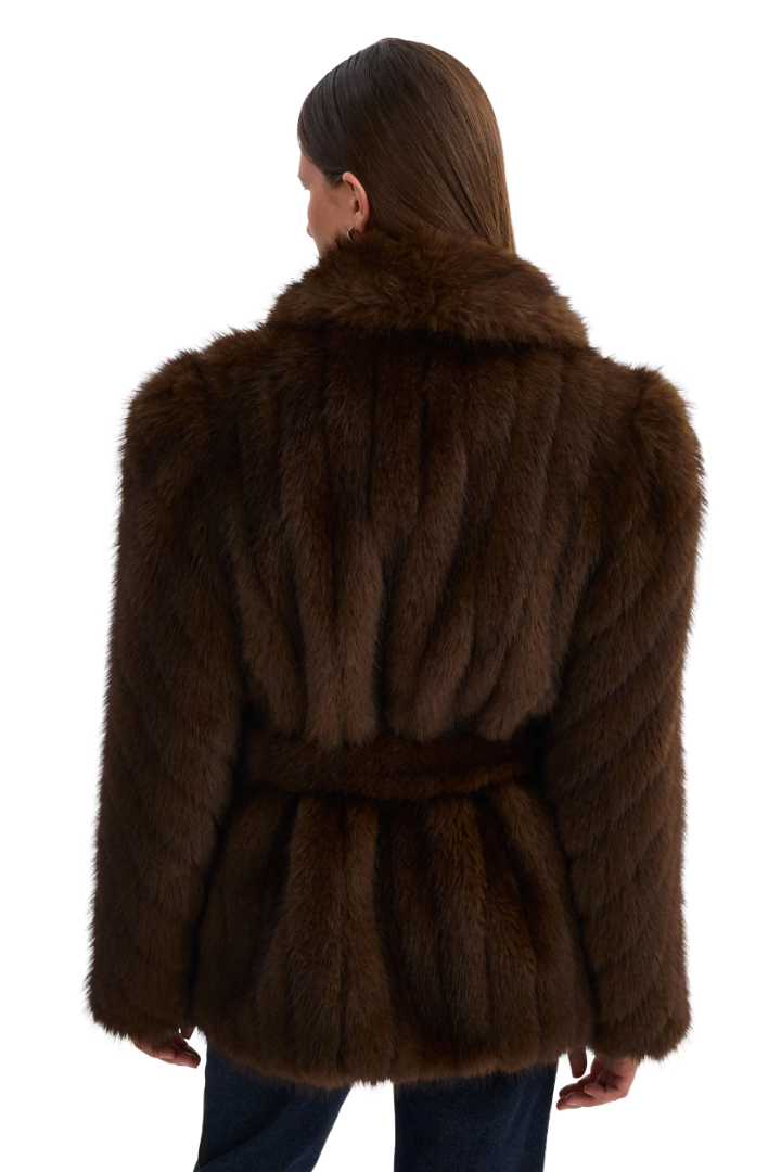 Lamarque Escarra Faux Fur Coat — belted shawl-collar faux fur coat in brown, view 5