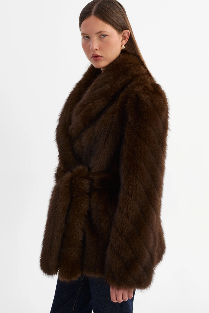 Lamarque Escarra Faux Fur Coat — belted shawl-collar faux fur coat in brown, view 3