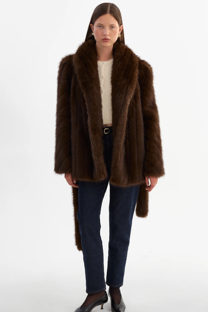 Lamarque Escarra Faux Fur Coat — belted shawl-collar faux fur coat in brown, view 2