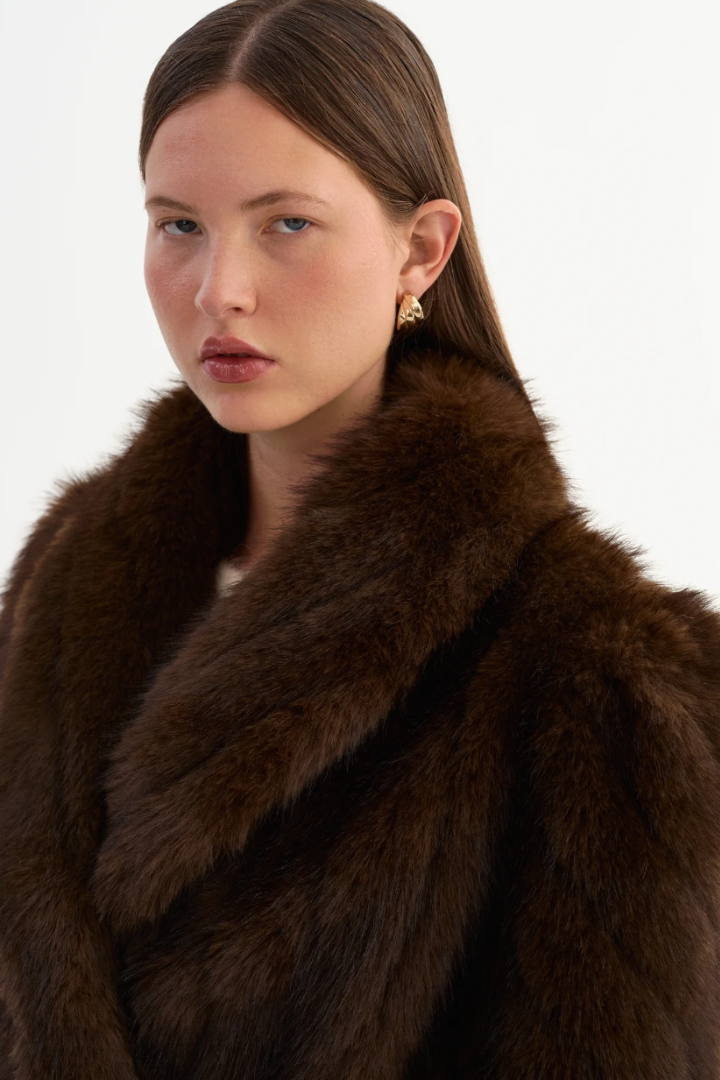 Lamarque Escarra Faux Fur Coat — belted shawl-collar faux fur coat in brown, view 4