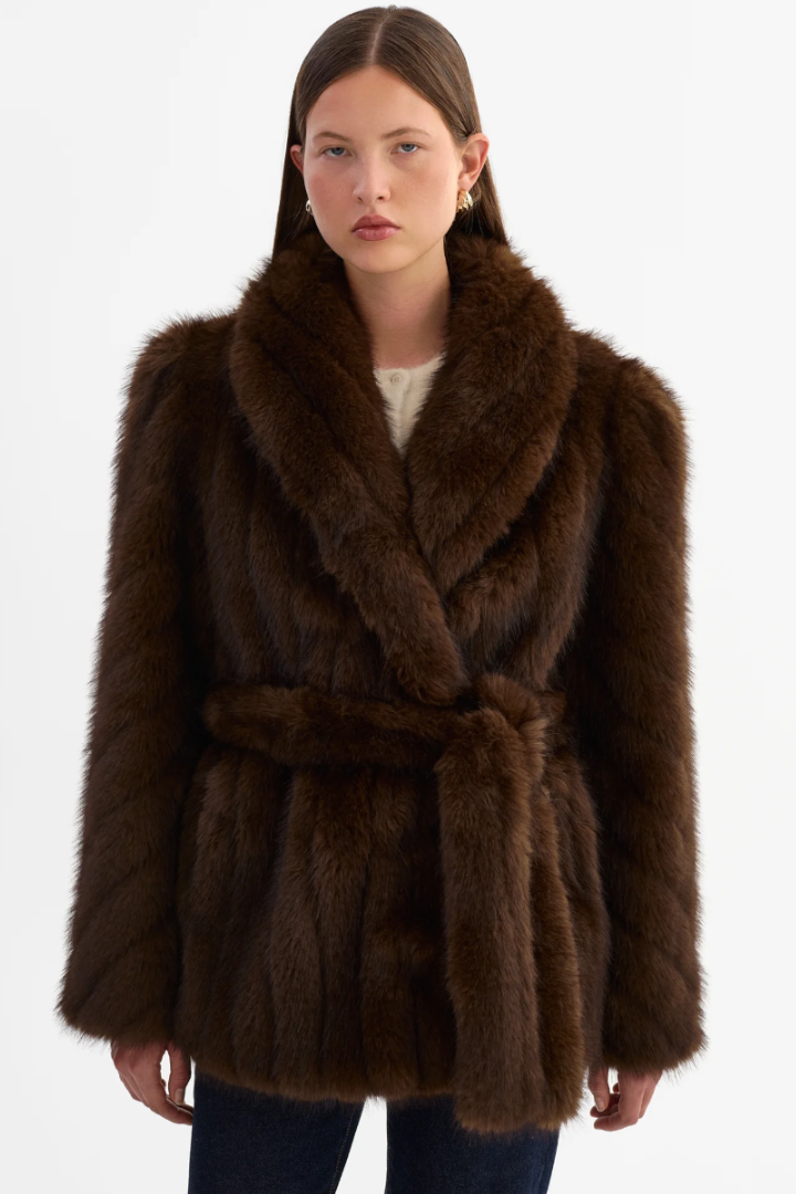 Lamarque Escarra Faux Fur Coat — belted shawl-collar faux fur coat in brown