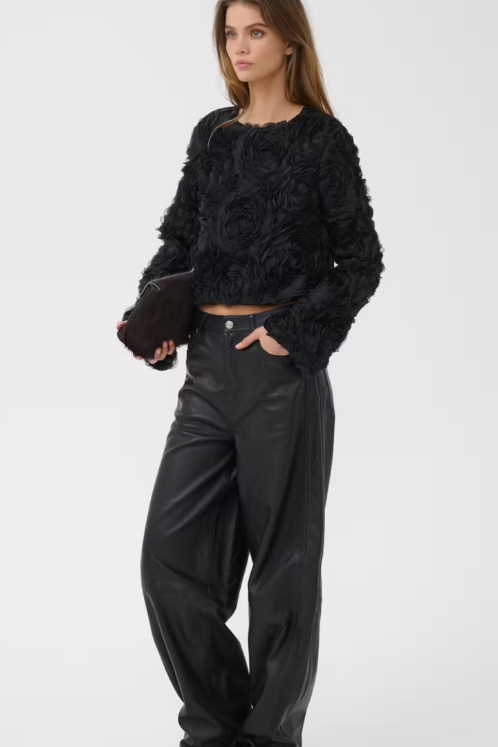 Gestuz Ingrida Top — cropped 3D rosette top in black, view 3