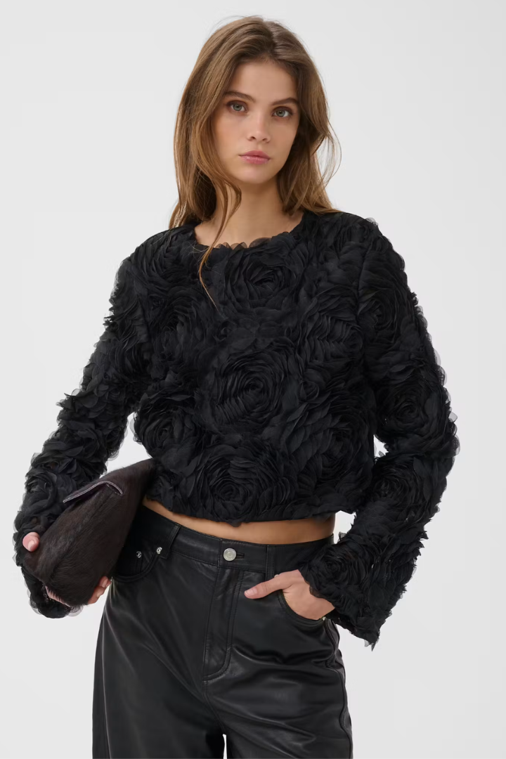 Gestuz Ingrida Top — cropped 3D rosette top in black