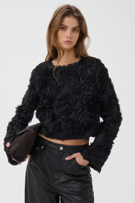 Gestuz Ingrida Top — cropped 3D rosette top in black