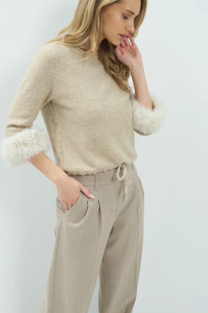 YAYA Detachable Fur Cuff Sweater — knit sweater with faux fur cuffs in beige, view 4