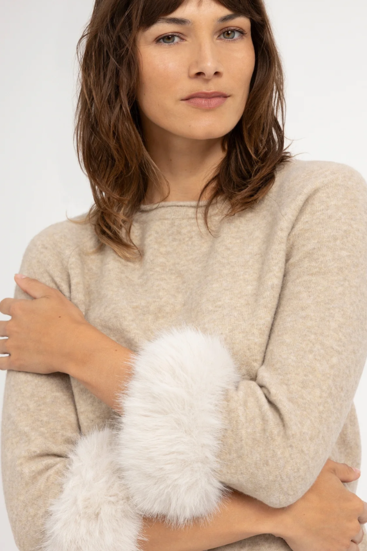 YAYA Detachable Fur Cuff Sweater — knit sweater with faux fur cuffs in beige, view 3