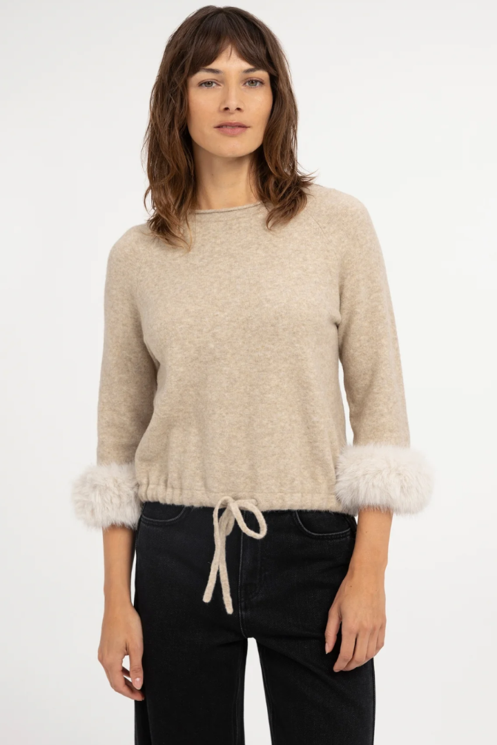 YAYA Detachable Fur Cuff Sweater — knit sweater with faux fur cuffs in beige, view 2