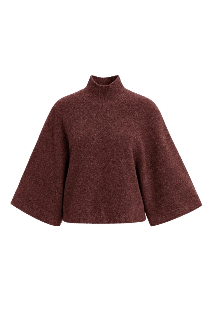 YAYA Wide Sleeve Sweater — high-neck knit sweater in burgundy