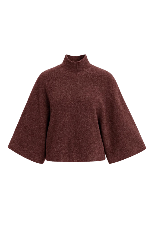 YAYA Wide Sleeve Sweater — high-neck knit sweater in burgundy