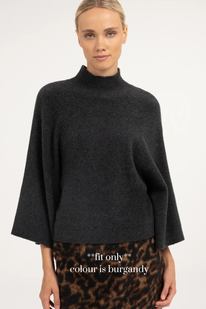 YAYA Wide Sleeve Sweater — high-neck knit sweater in burgundy, view 2
