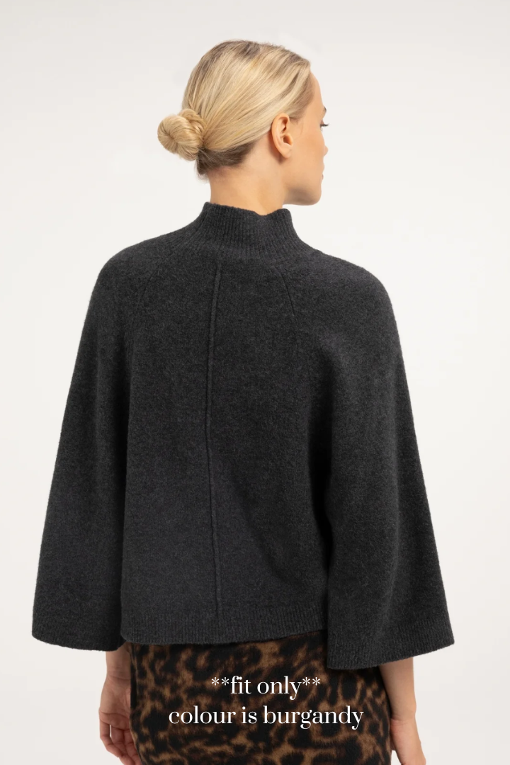 YAYA Wide Sleeve Sweater — high-neck knit sweater in burgundy, view 3