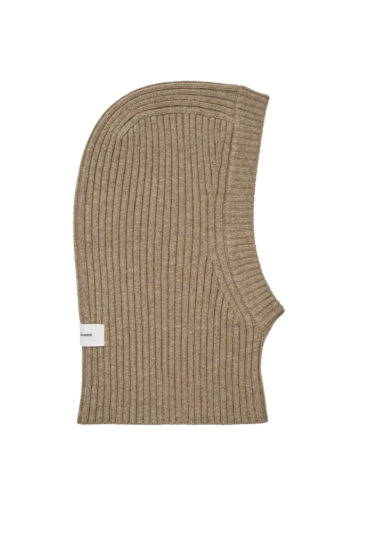 Samsøe Samsøe Sakara Balaclava — rib-knit wool balaclava in beige