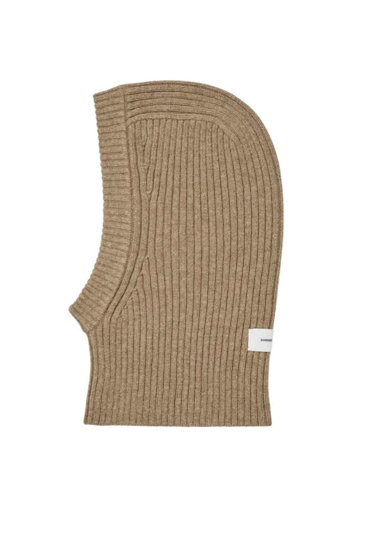 Samsøe Samsøe Sakara Balaclava — rib-knit wool balaclava in beige, view 2