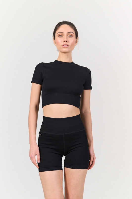 lune active high waist bike shorts black rib knit